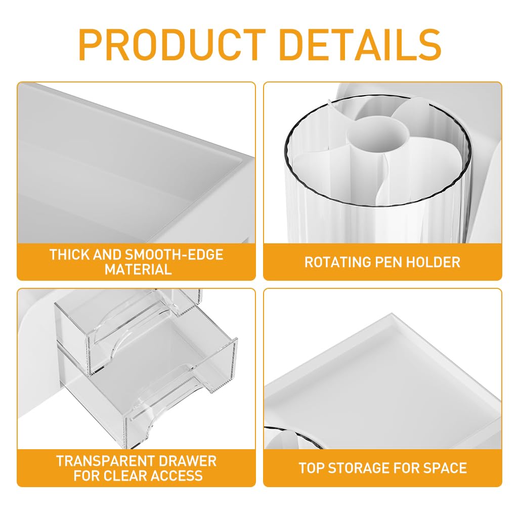 Climberty Desk Organizer with 2 Drawers, 360°Rotating Pen Holder for Desk, Desk Organizers and Accessories with 6 Slots Pencil Organizer + 2 Drawer, Art Supply Storage Box Caddy for Office (White) Climberty Desk Organizer with 2 Drawers, 360°Rotating Pen Holder for Desk, Desk Organizers and Accessories with 6 Slots Pencil Organizer + 2 Drawer, Art Supply Storage Box Caddy for Office (White)